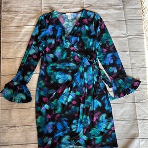 London Times Blue and Black Bell Sleeve Wrap Dress